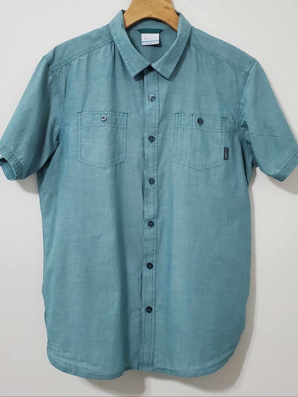 Columbia Teal Short-Sleeve Cotton Button-Down Shirt Mens Large